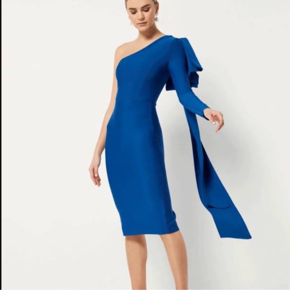 Elliatt Rhiannon Midi One Shoulder Bow Dress in Cobalt Blue size Small $230 - Picture 2 of 13